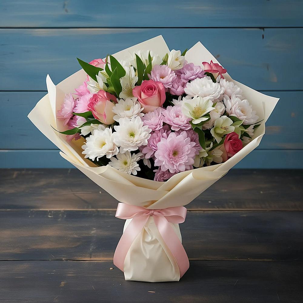 Букет цветов из: Хризантемы, Альстромерии и Розы в Огуднево